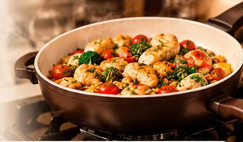 Frigideira funda Omega com frango grelhado, brócolis e tomates cereja sobre fogão